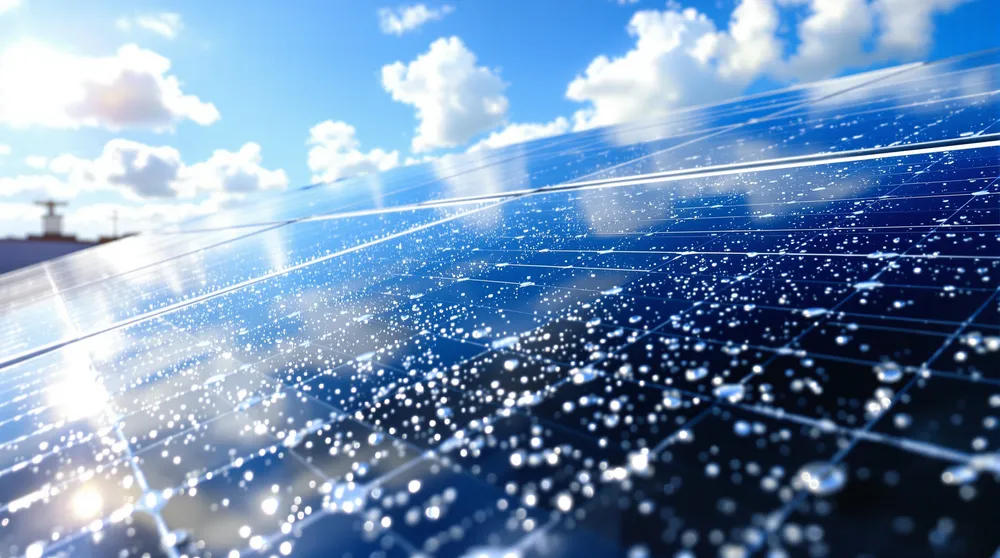 Freshly cleaned solar panels on an Irish roof reflecting the sky