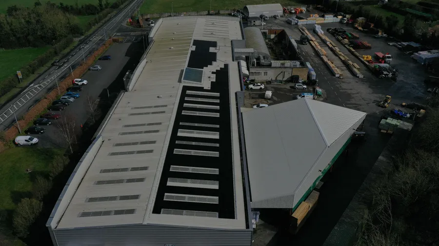 Commercial rooftop solar installation on a warehouse in the Irish midlands