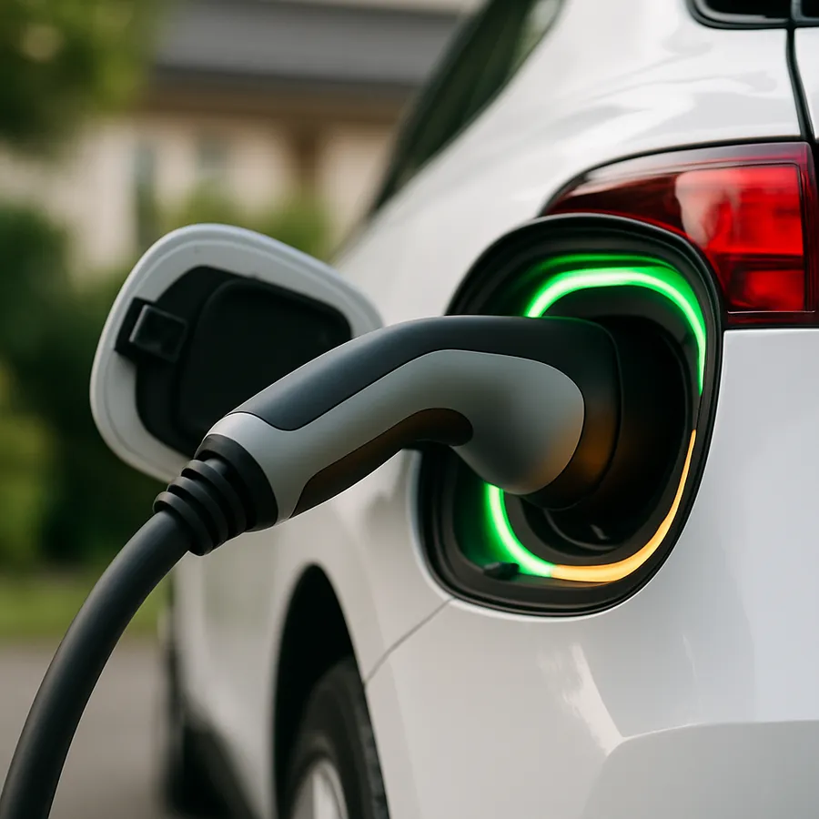 EV charging cable connected to an electric car at a home charge point