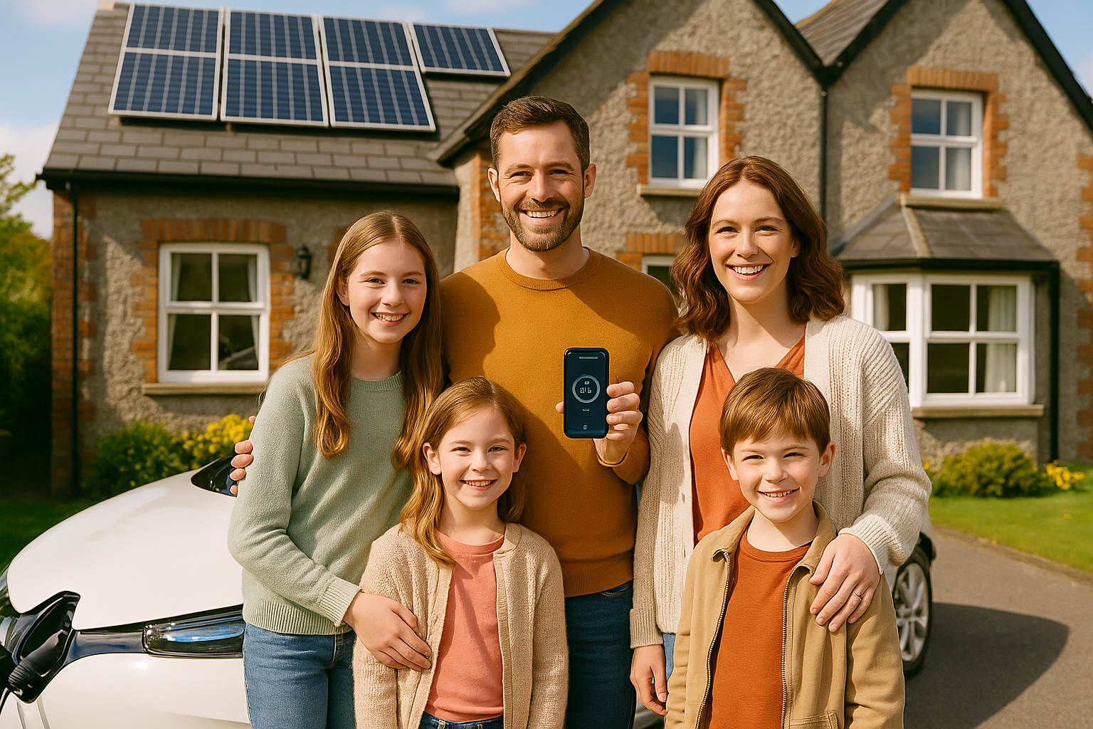 Happy family with electric car and solar panels